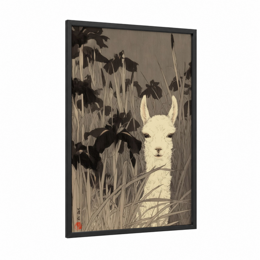 Serene Llama framed art print — black wood frame — black and white and cream palette