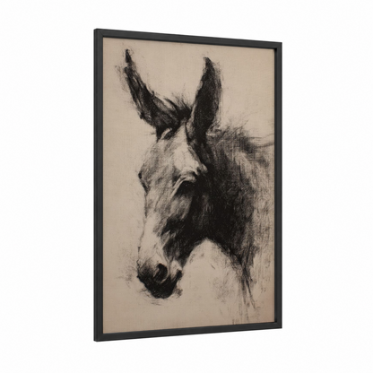 Noble Mule Portrait framed art print — black wood frame — black and white and beige palette