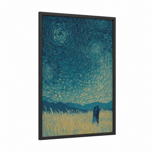 Starry Field Romance framed couple print — black wood frame — teal and yellow gold palette