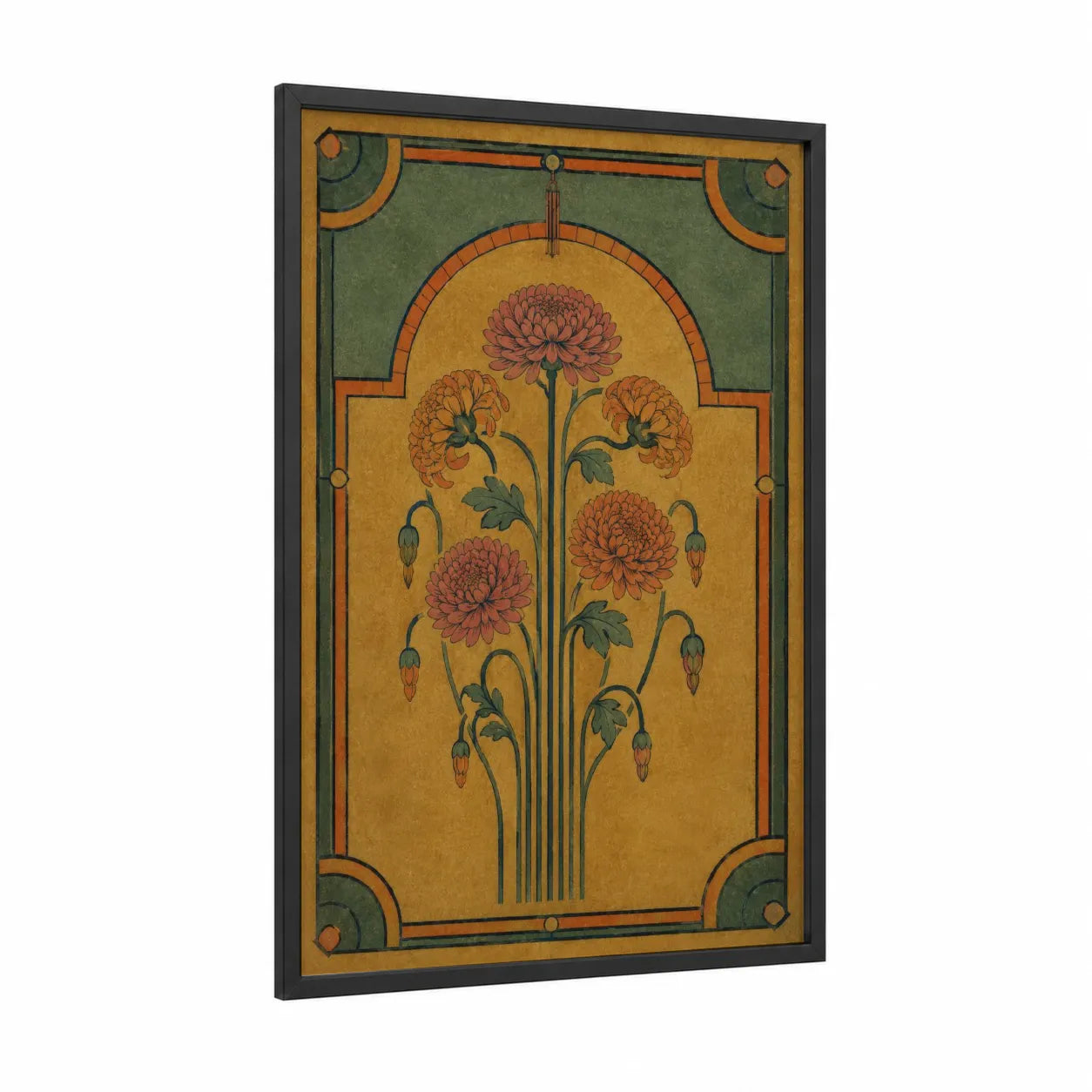 Art Deco Chrysanthemum Floral Wall Art framed art print — black wood frame — gold and olive palette