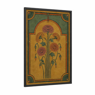 Art Deco Chrysanthemum Floral Wall Art framed art print — black wood frame — gold and olive palette