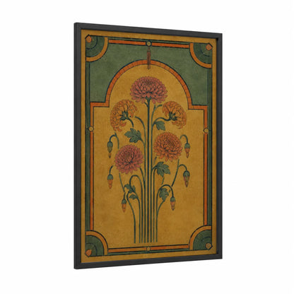 Art Deco Chrysanthemum Floral Wall Art framed art print — black wood frame — gold and olive palette