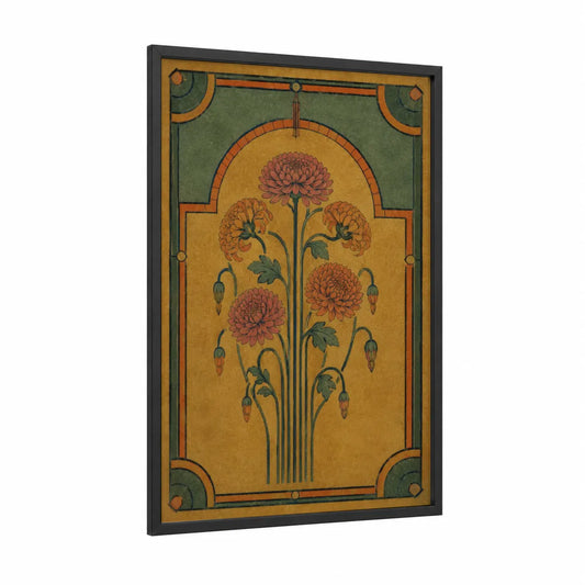Art Deco Chrysanthemum Floral Wall Art framed art print — black wood frame — gold and olive palette