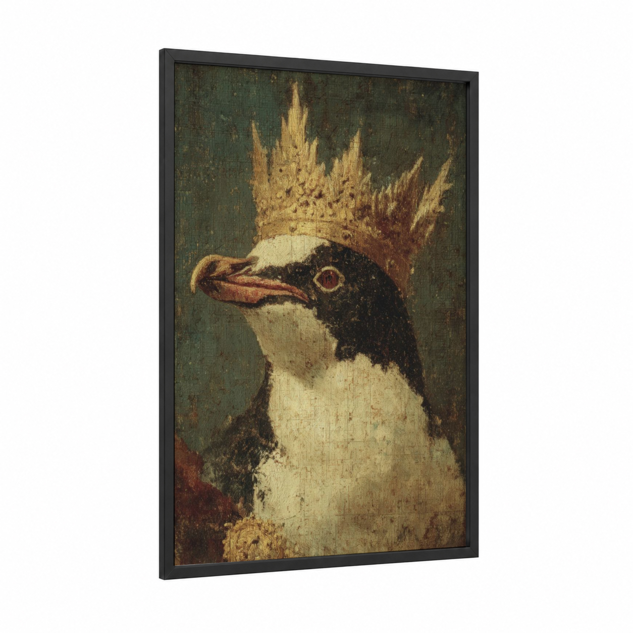 Crowned Penguin framed art print — black wood frame — sage green and gold palette
