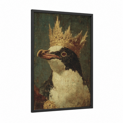Crowned Penguin framed art print — black wood frame — sage green and gold palette