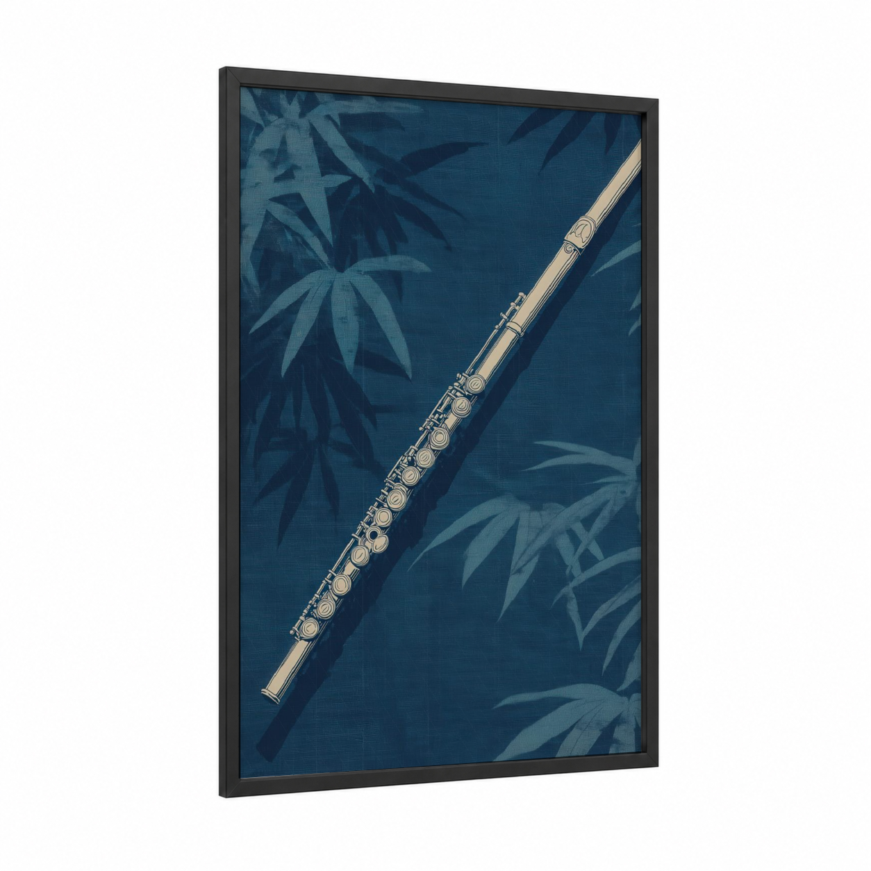 Bamboo Flute Study framed art print — black wood frame — blue and gold palette