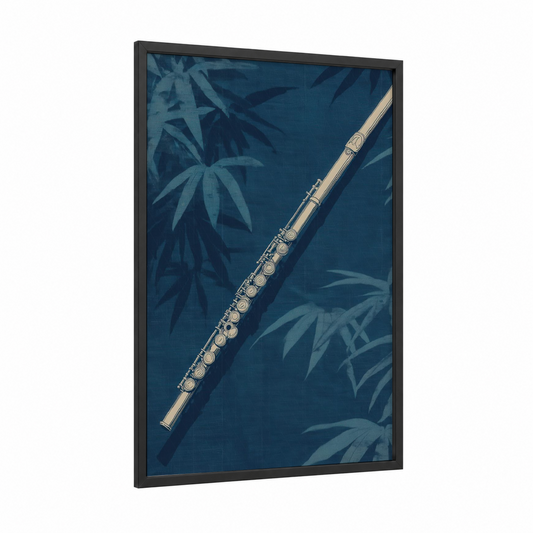 Bamboo Flute Study framed art print — black wood frame — blue and gold palette