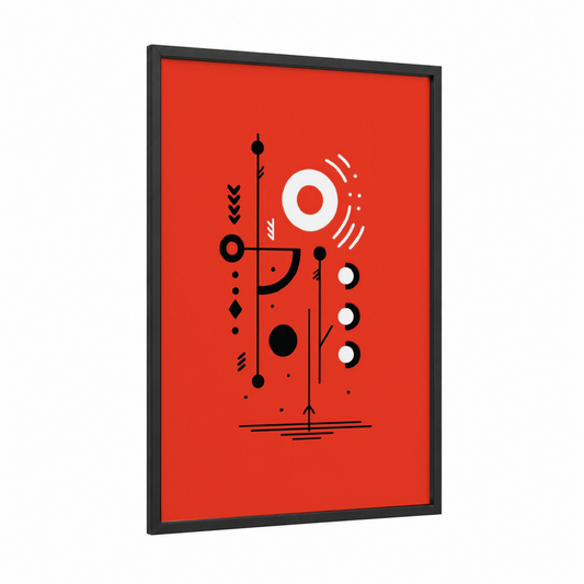 Modern Geometric Composition framed abstract geometric print — black wood frame — red and black and white palette