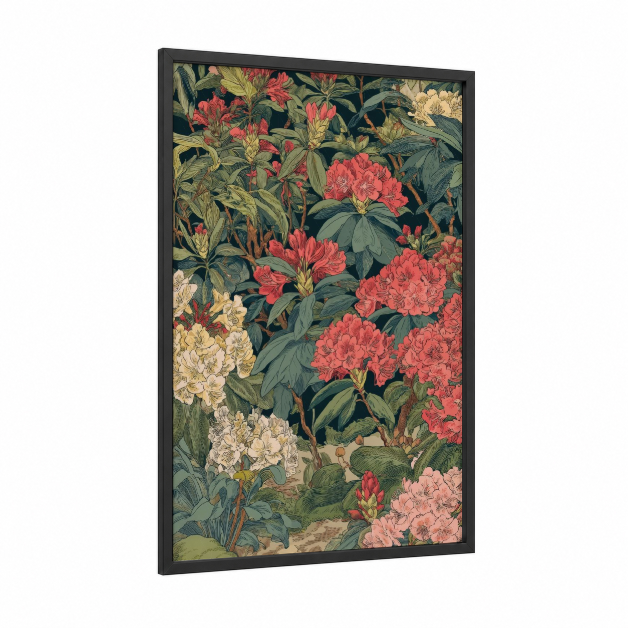 Coral Rhododendron Garden framed art print — black wood frame — salmon pink and dark green palette