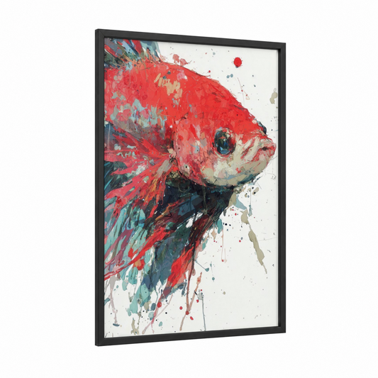 Crimson Betta Fish framed art print — black wood frame — red and teal palette