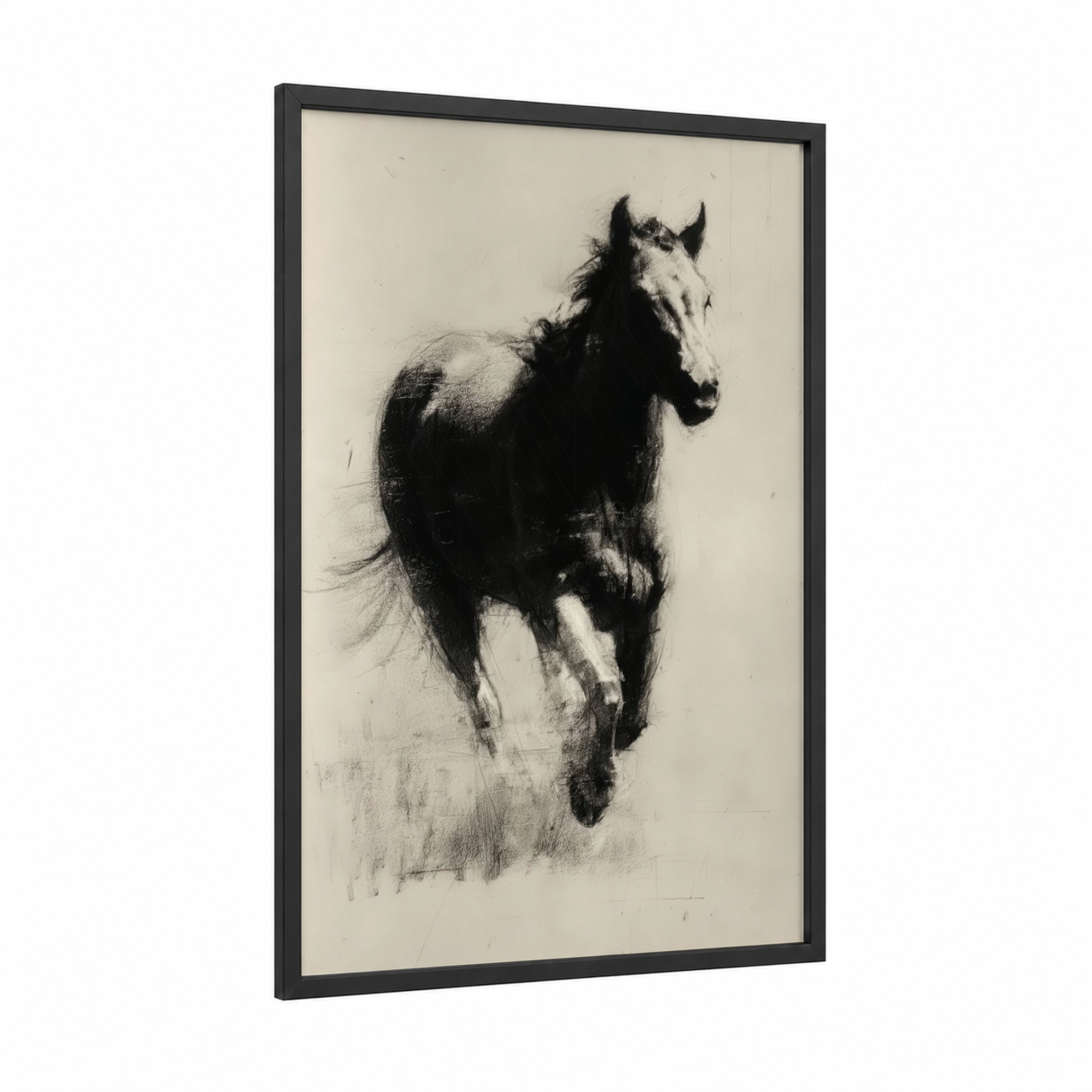 Galloping Quarter Horse framed art print — black wood frame — black and white palette