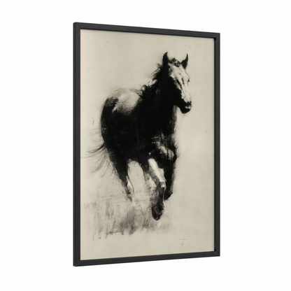 Galloping Quarter Horse framed art print — black wood frame — black and white palette