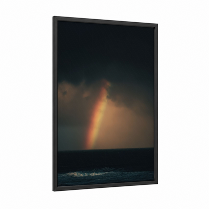 Stormy Rainbow Arc framed art print — black wood frame — gold and black palette