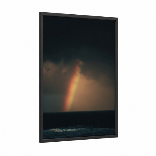 Stormy Rainbow Arc framed art print — black wood frame — gold and black palette
