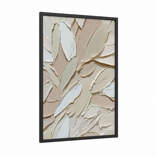 Textured Botanical framed abstract minimalist print — black wood frame — white and cream palette