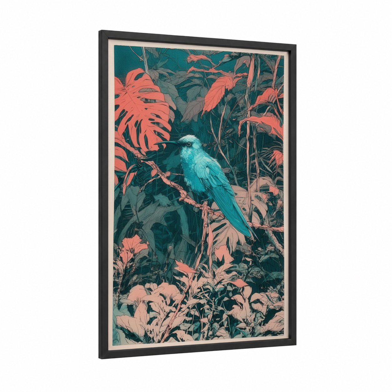 Turquoise Hummingbird framed art print — black wood frame — teal and salmon pink palette