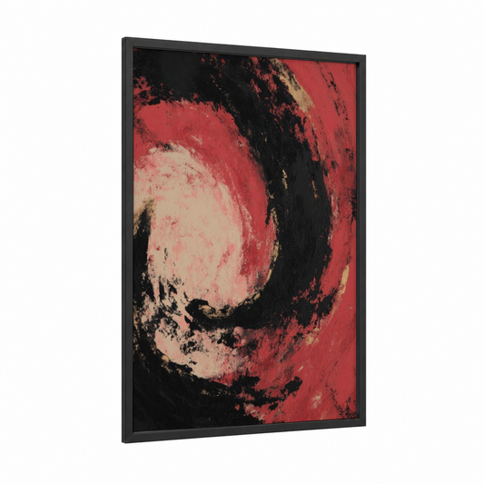Crimson Roulette framed art print — black wood frame — red and black and white palette