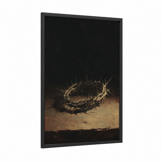 Crown of Thorns framed christian symbols print — black wood frame — brown and black and white palette