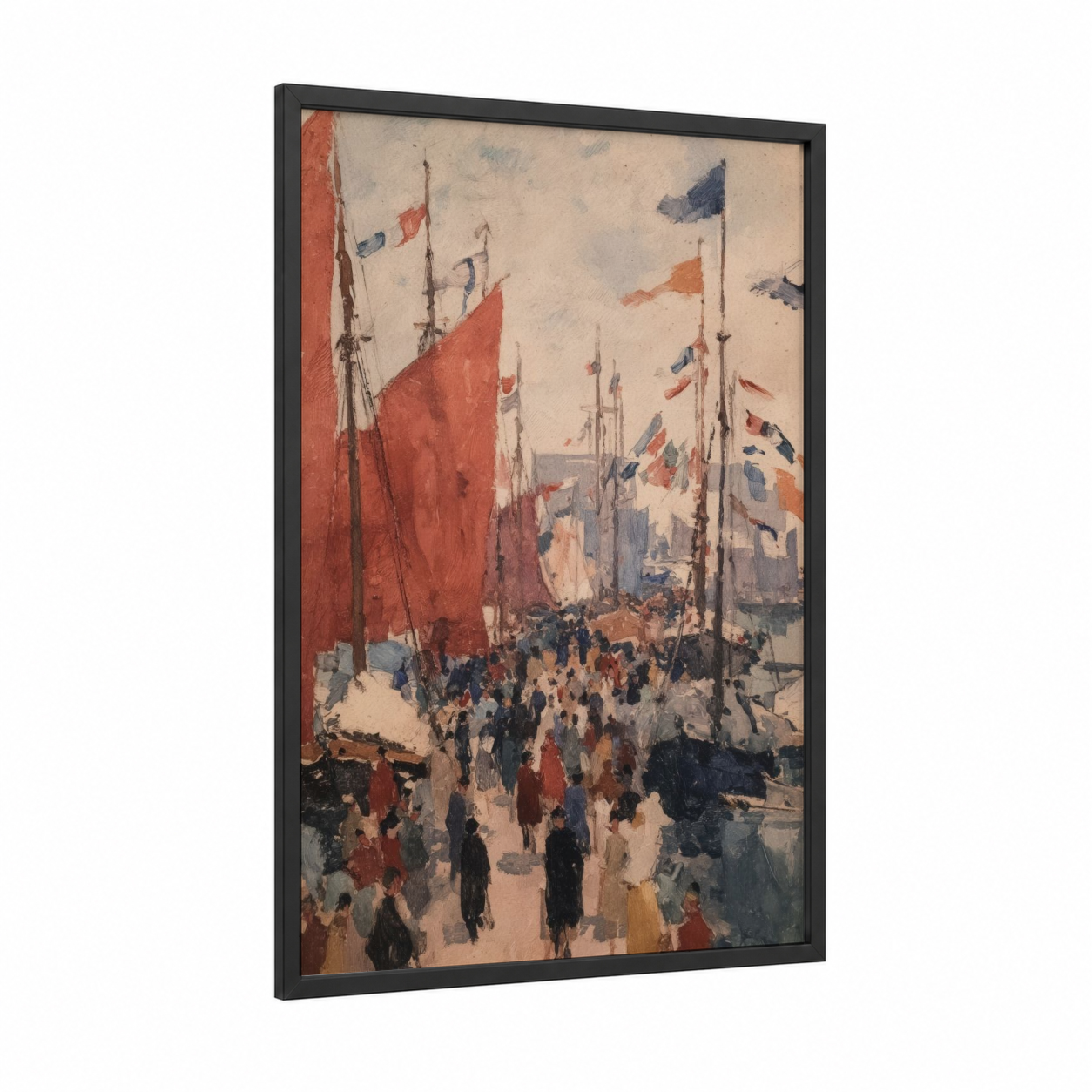Bustling Harbor Flags framed port print — black wood frame — red and blue palette