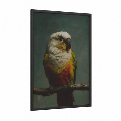 African Eagle Parrot framed safari parrots print — black wood frame — teal and gold palette