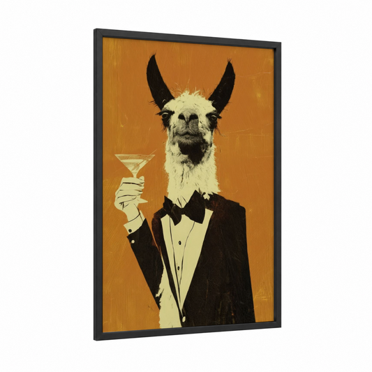 Dapper Llama framed art print — black wood frame — gold and black and gold palette