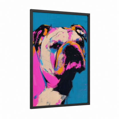 Colorful Bulldog framed art print — black wood frame — magenta and blue palette
