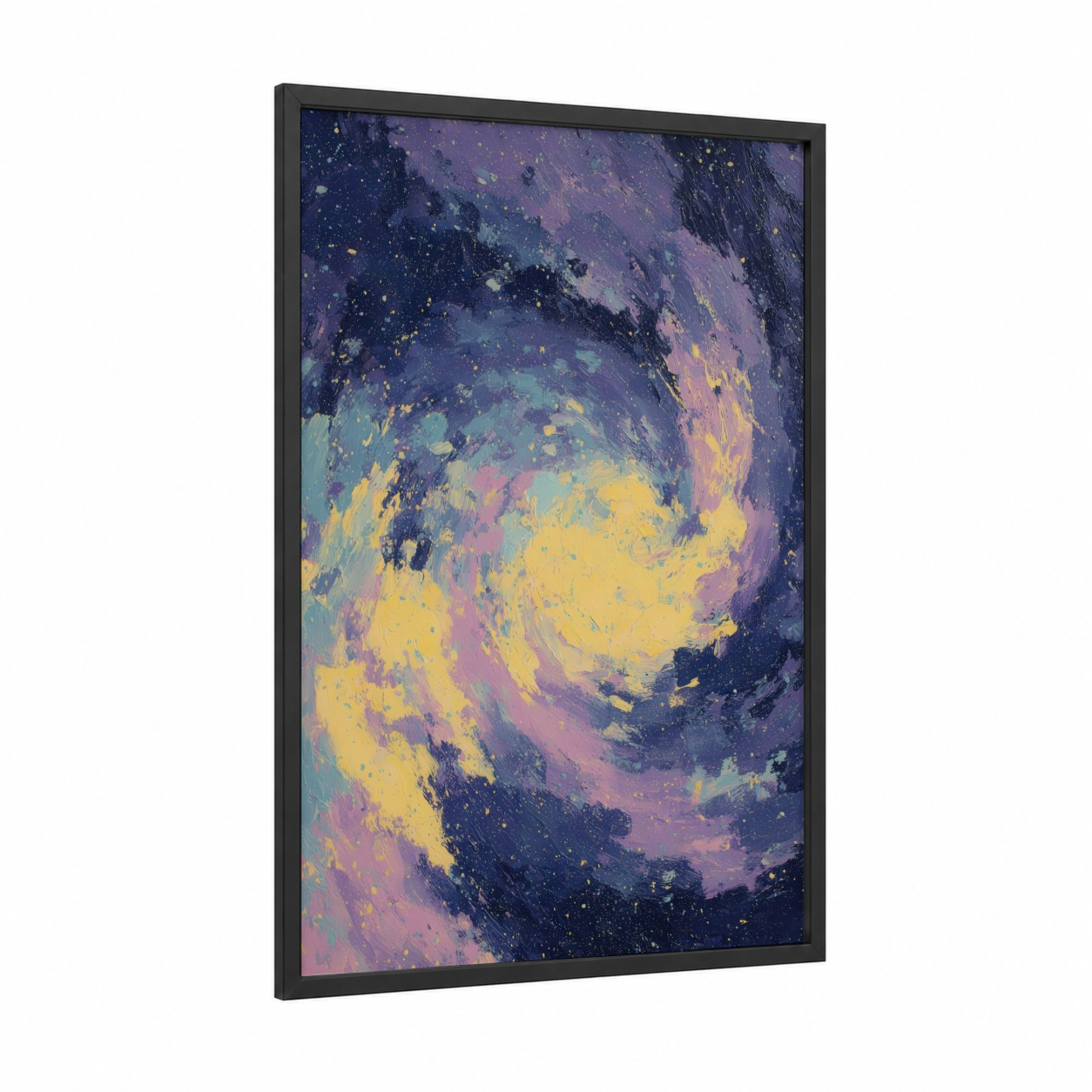 Cosmic Vortex framed star print — black wood frame — purple and gold palette
