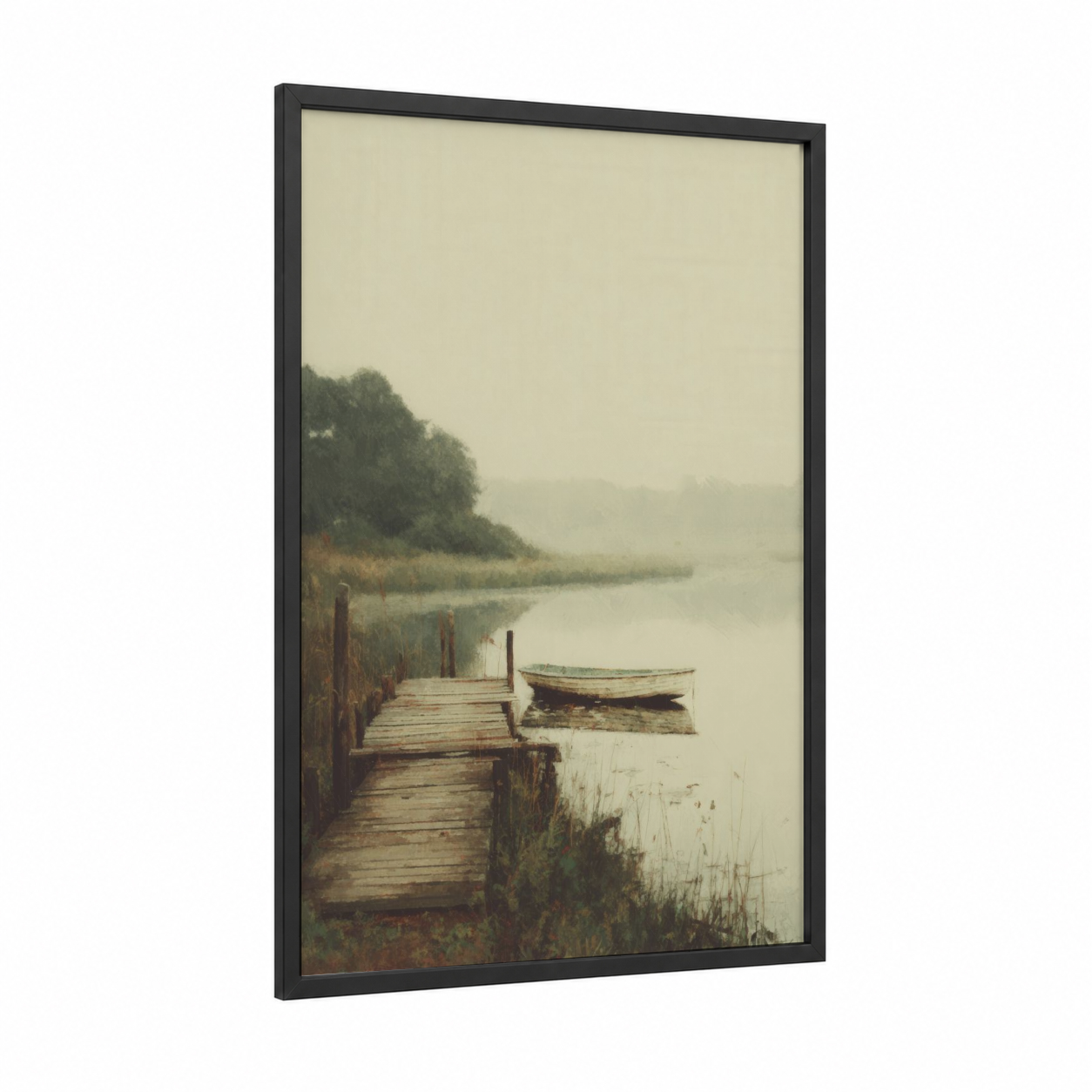 Misty River Dock framed rivers print — black wood frame — beige and olive palette