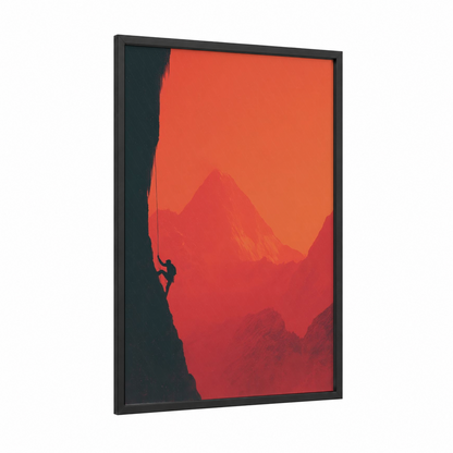 Crimson Mountain Climber framed ice climbing print — black wood frame — red and orange palette