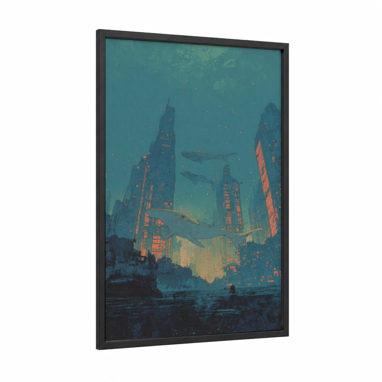 Underwater Metropolis framed sci-fi print — black wood frame — teal and gold palette