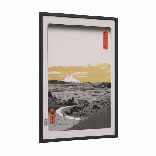 Mount Fuji Vista framed various landscapes print — black wood frame — gold and gray palette