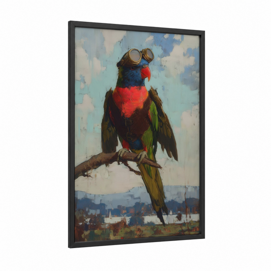 Steampunk Lorikeet framed rainbow lorikeet print — black wood frame — blue and red palette