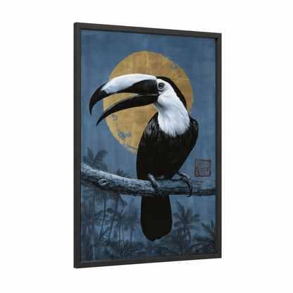Golden Toucan framed art print — black wood frame — blue and gold and white palette