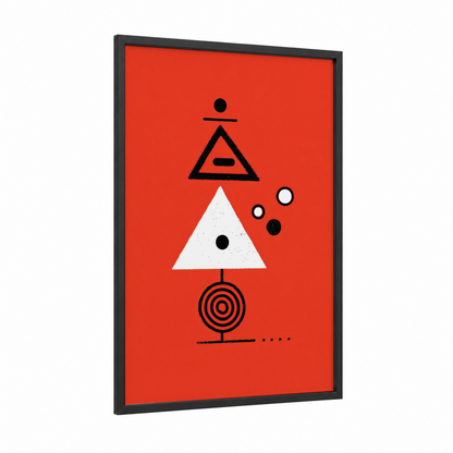Crimson Geometry framed abstract geometric print — black wood frame — red and black and white palette