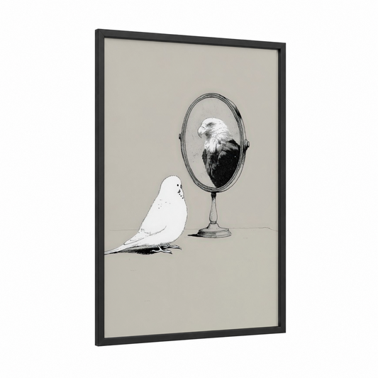 Budgie Mirror Reflection framed budgeridar print — black wood frame — black and white palette