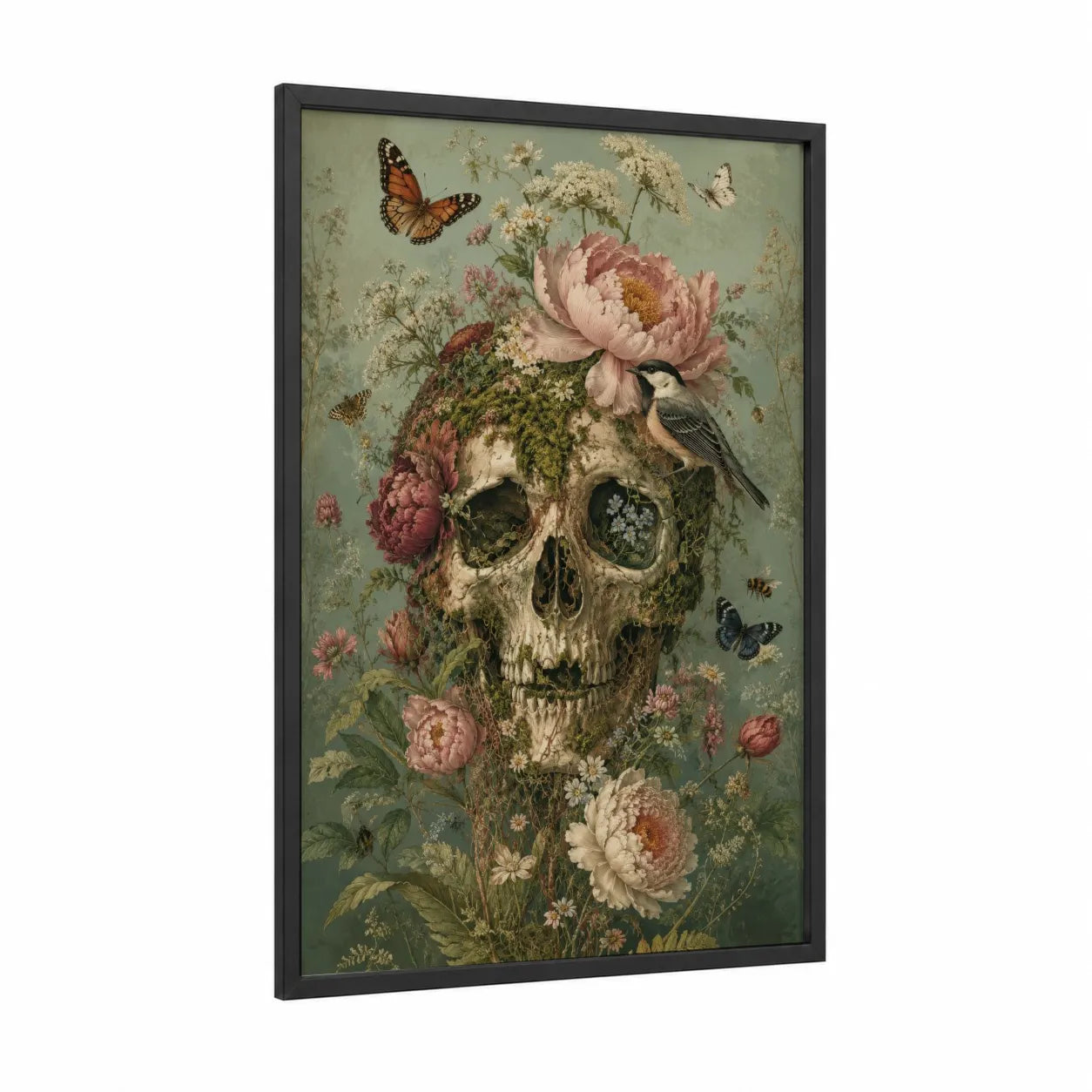 Floral Skull With Butterflies Wall Art framed art print — black wood frame — sage green and pink palette
