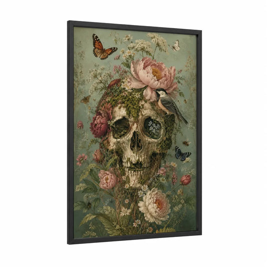 Floral Skull With Butterflies Wall Art framed art print — black wood frame — sage green and pink palette