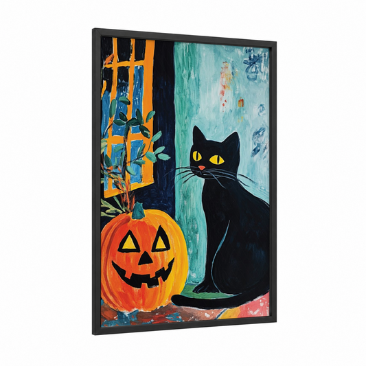 Halloween Black Cat framed art print — black wood frame — orange and teal palette