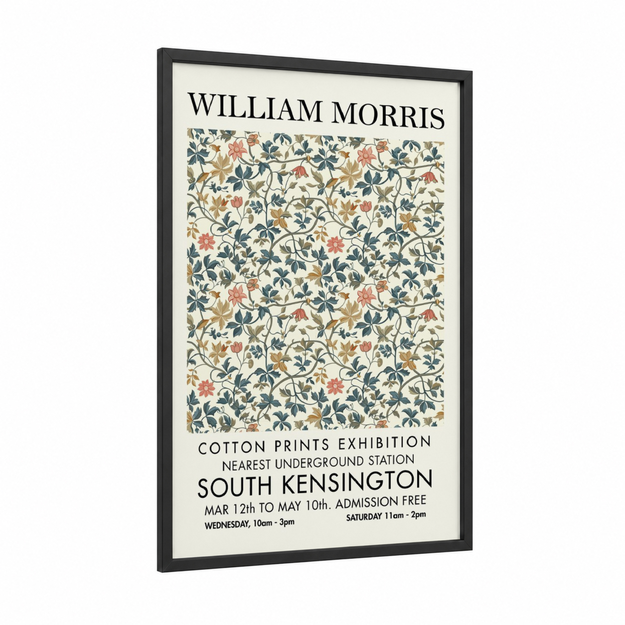 William Morris Floral framed abstract flower print — black wood frame — cream and teal palette