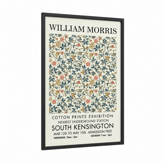 William Morris Floral framed abstract flower print — black wood frame — cream and teal palette