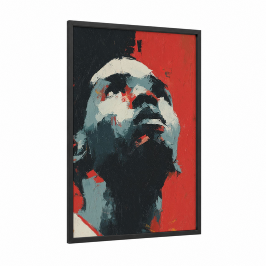 Bold Basketball Portrait framed art print — black wood frame — red and black and white palette