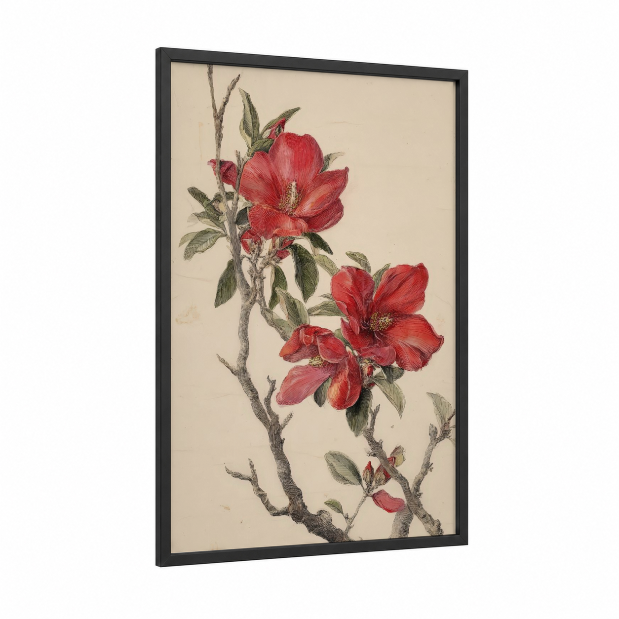 Crimson Desert Blooms framed savanna and desert trees print — black wood frame — red and cream palette