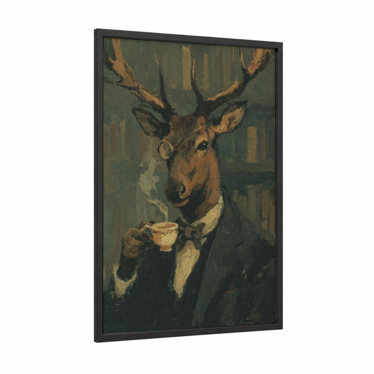 Gentleman Elk framed art print — black wood frame — dark green and gold palette