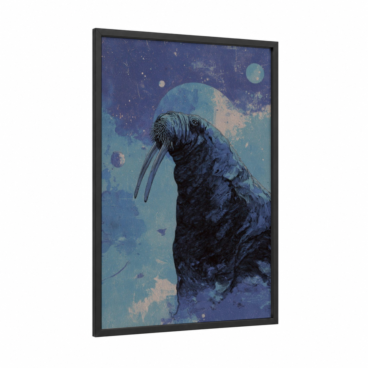 Cosmic Walrus framed art print — black wood frame — blue and teal palette