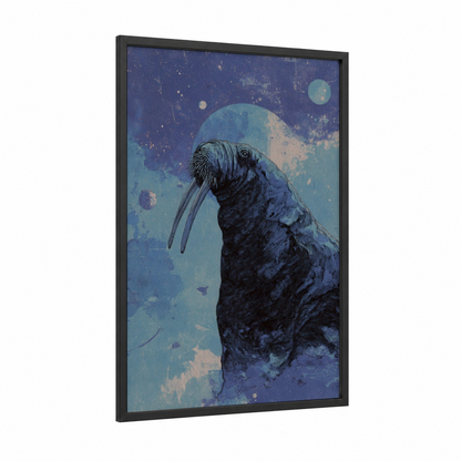 Cosmic Walrus framed art print — black wood frame — blue and teal palette