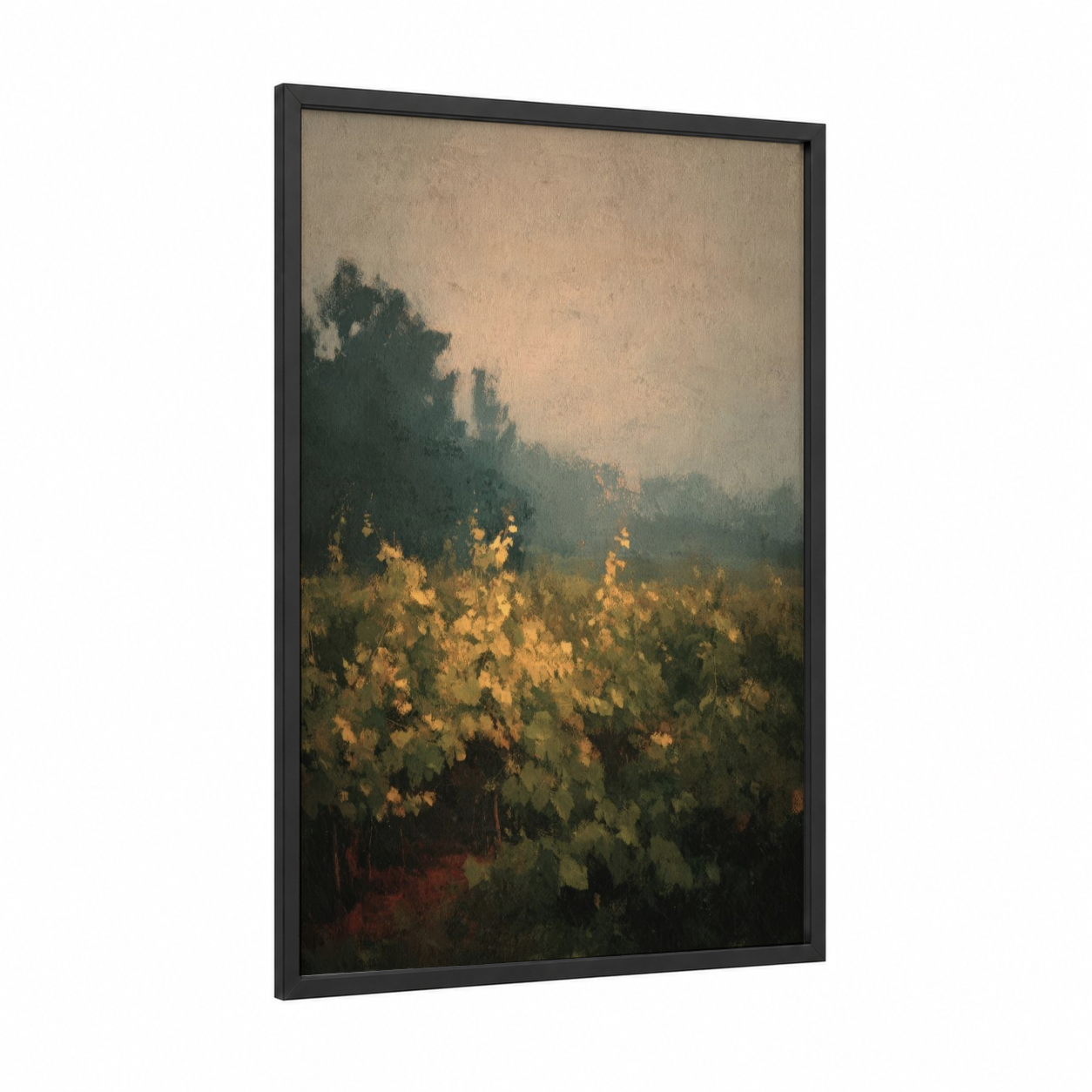 Golden Vineyard Mist framed vineyards print — black wood frame — gold and sage green palette