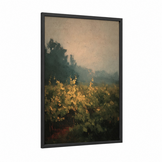 Golden Vineyard Mist framed vineyards print — black wood frame — gold and sage green palette
