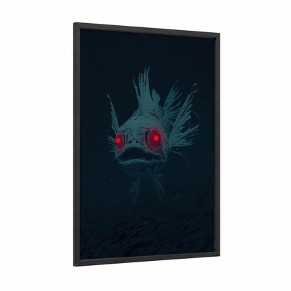 Glowing Dragon Fish framed art print — black wood frame — dark blue and red palette
