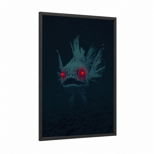 Glowing Dragon Fish framed art print — black wood frame — dark blue and red palette
