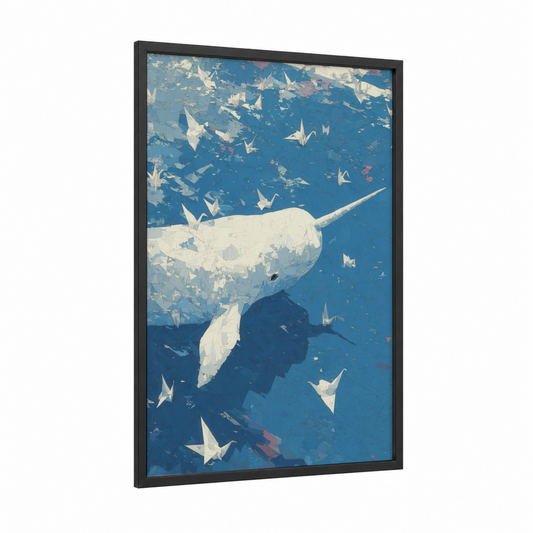 Dreaming Narwhal framed art print — black wood frame — blue and white palette